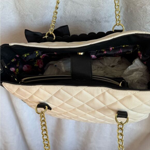 Betsey Johnson Black and White Floral Tote with Metal Embellishments - Picture 7 of 12